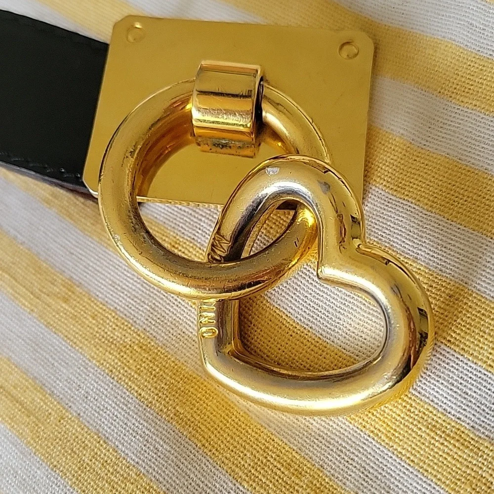 RARE VINTAGE 90s MOSCHINO REDWALL Black Leather Belt with Gold Heart Lock Charm